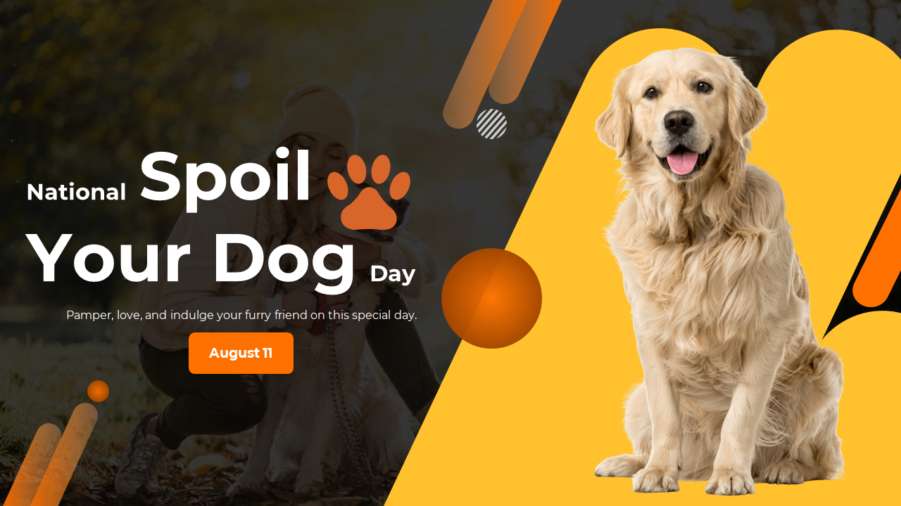 Series of colorful slides with images of dogs, activities, and tips for pampering dogs, on a yellow and orange theme.