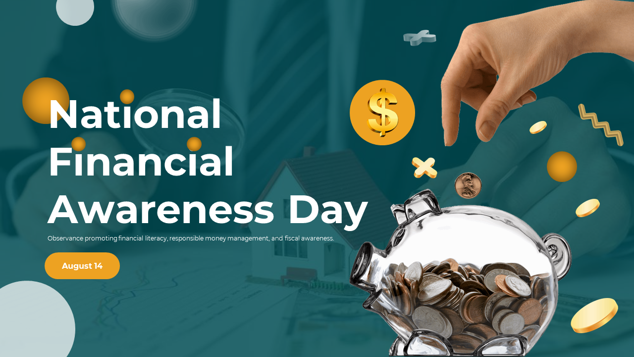 National financial awareness day slide deck with visuals of piggy banks, coins, and plants symbolizing growth.