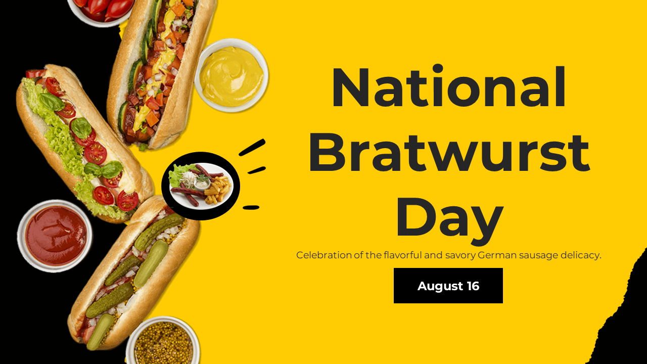 National bratwurst day slide deck with various bratwursts on a yellow background, celebrated on August 16.