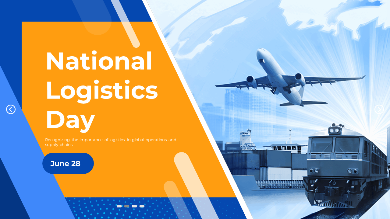 Slide deck on logistics with blue and orange design elements, showing transport modes like planes and trains.