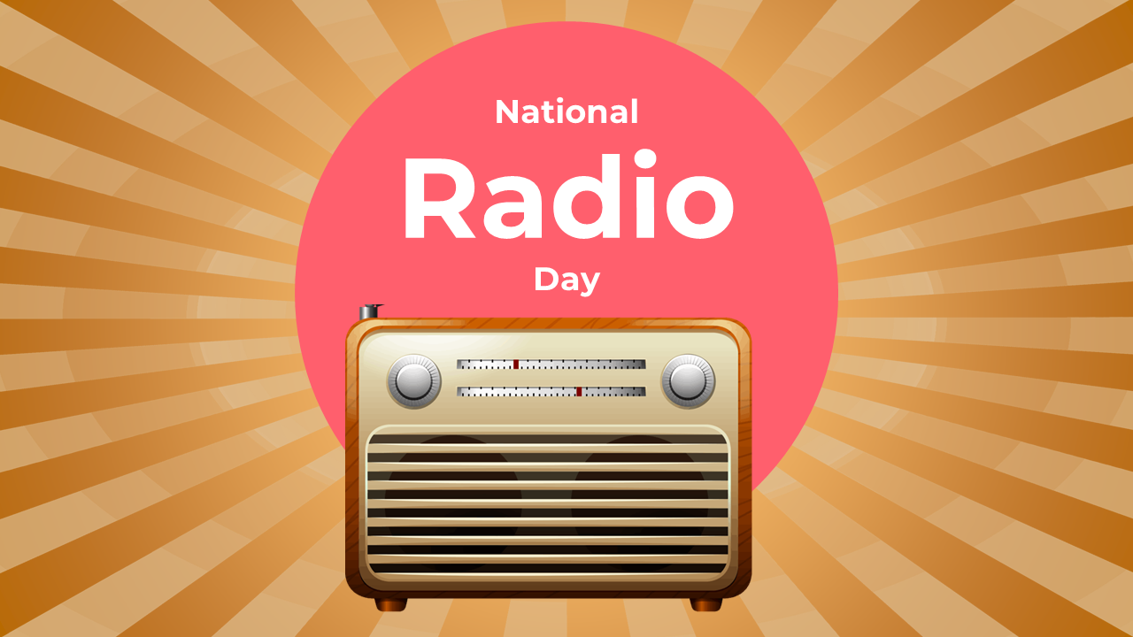 National radio day slide deck with vintage radios highlighting radio's impact on entertainment.