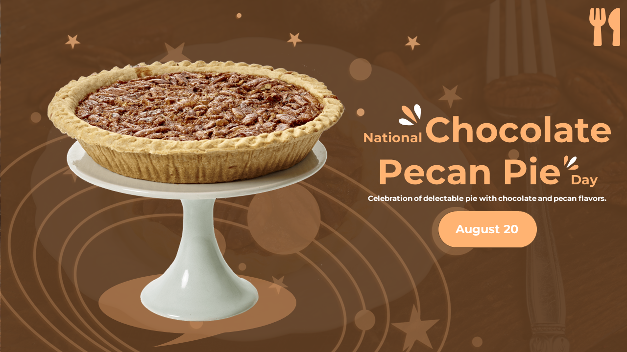 Chocolate pecan pie themed slides covering topics like origins, variations, and health benefits of the dessert.