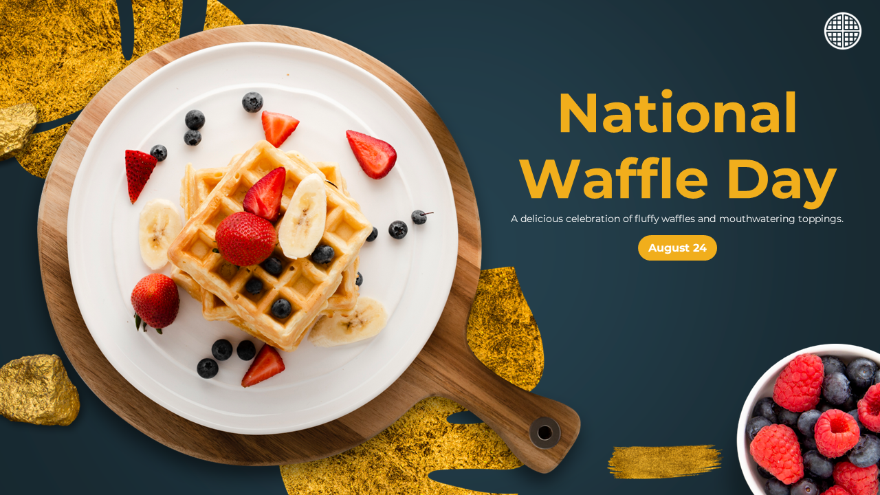 Slide deck design for national waffle day with a focus on waffles and berries, paired with yellow and dark-themed sections.