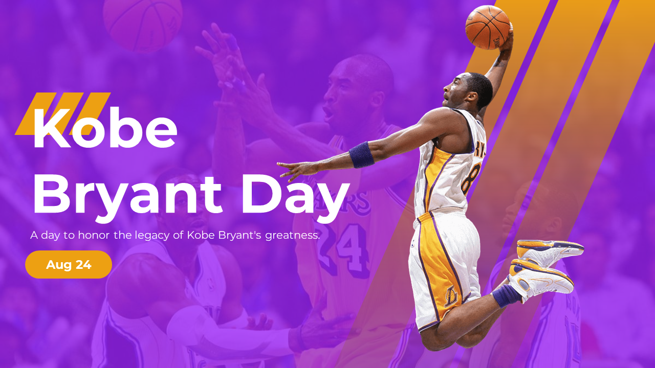 Kobe Bryant day slide deck with purple and gold design, celebrating his career, records, and lasting influence in basketball.