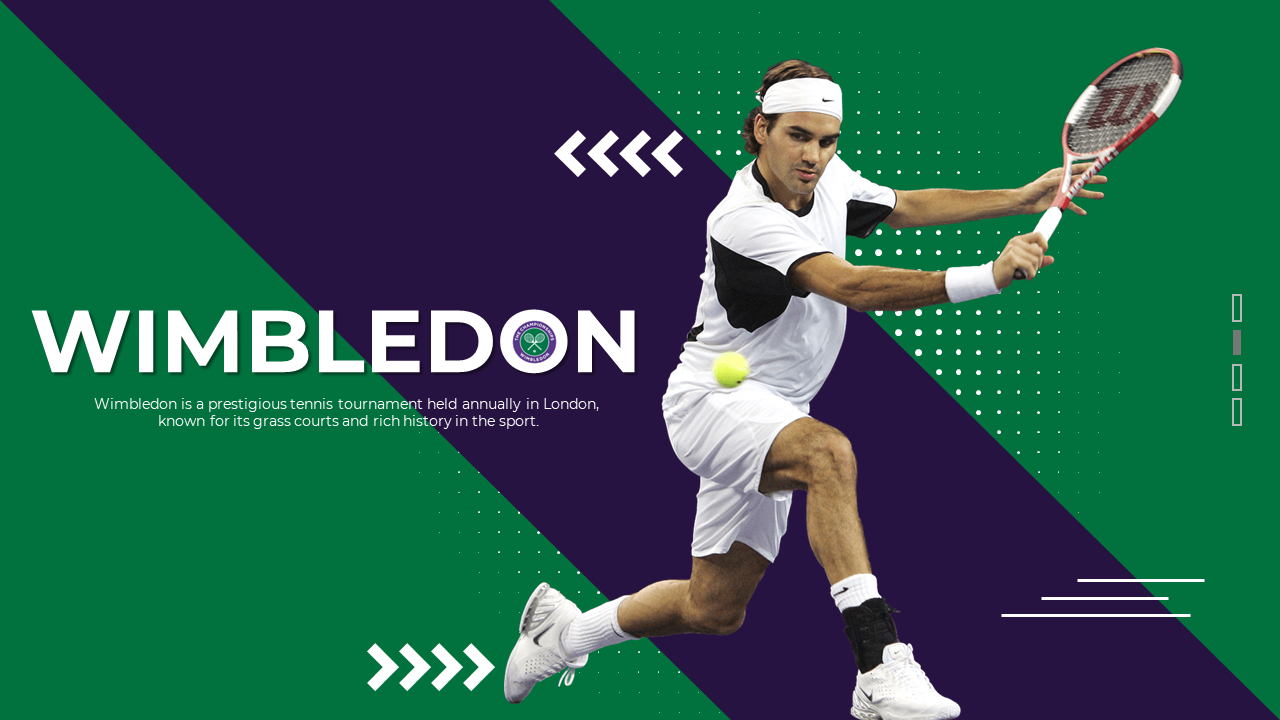 Wimbledon slides feature a dynamic layout with images of tennis players and details about the tournament's history.