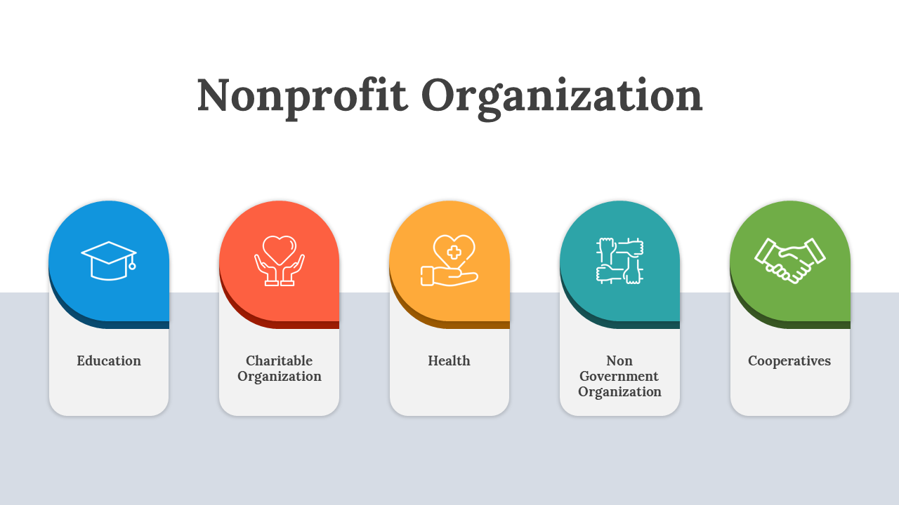 Slide deck with bold icons, rounded shapes, and vibrant colors depicting nonprofit organization topics.