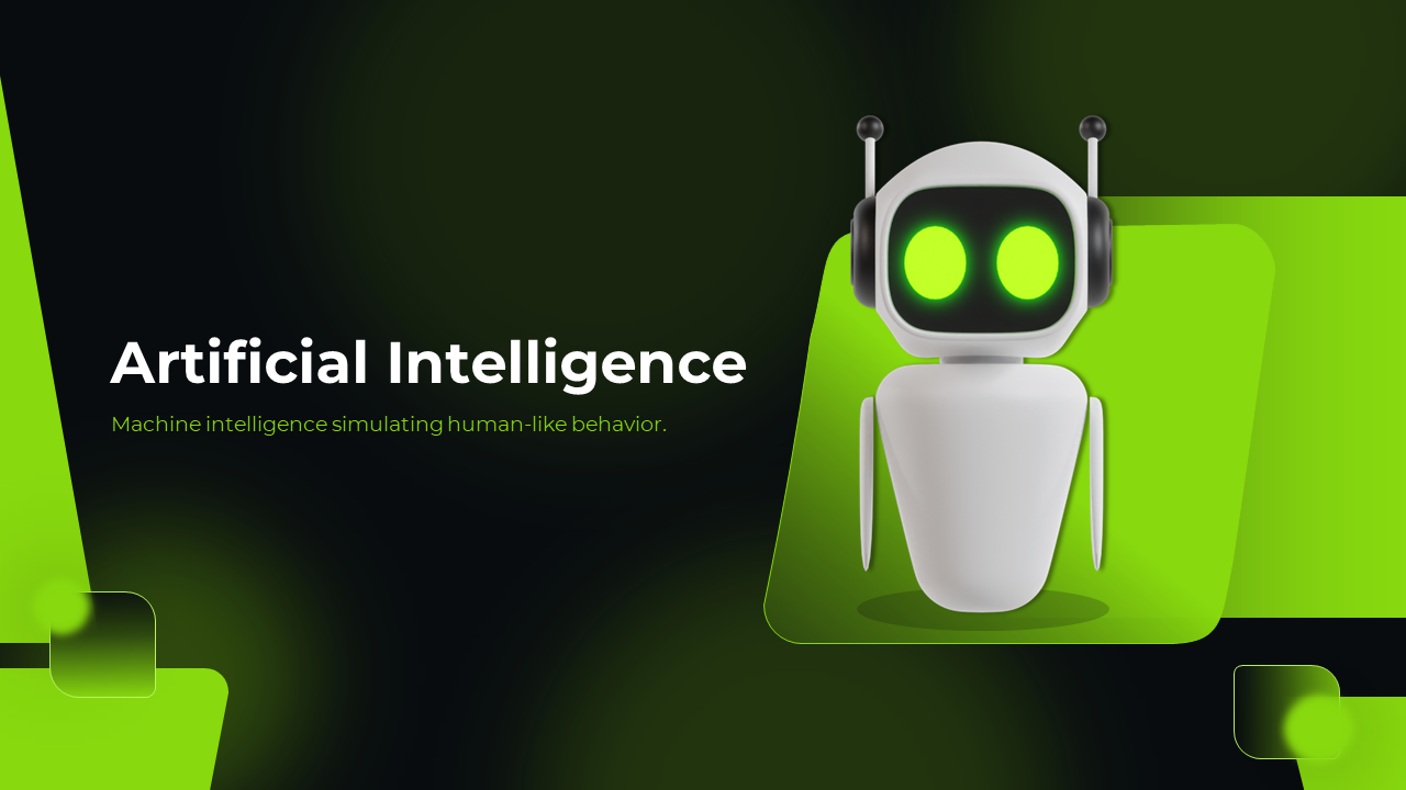 Artificial intelligence slide deck featuring green and black theme, showing machine learning, robotics, and data mining.