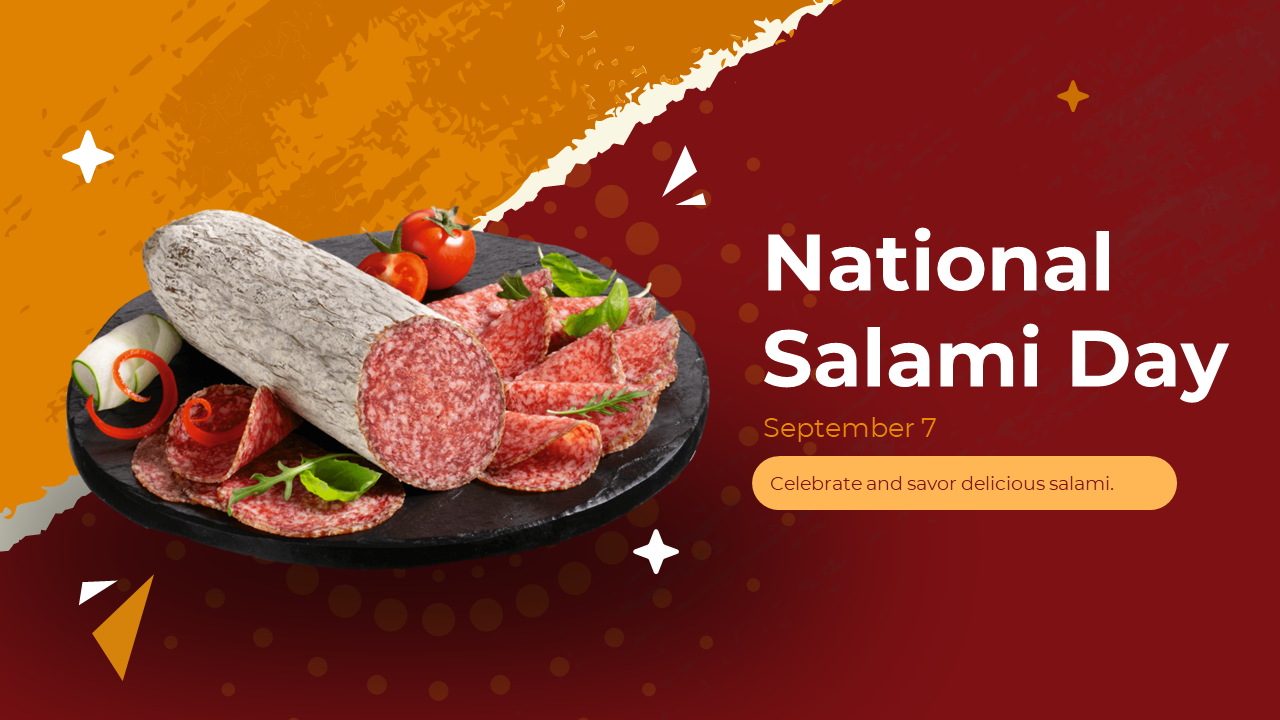 Sliced salami displayed with garnishes, alongside showing slides of national salami day on a red and orange background.