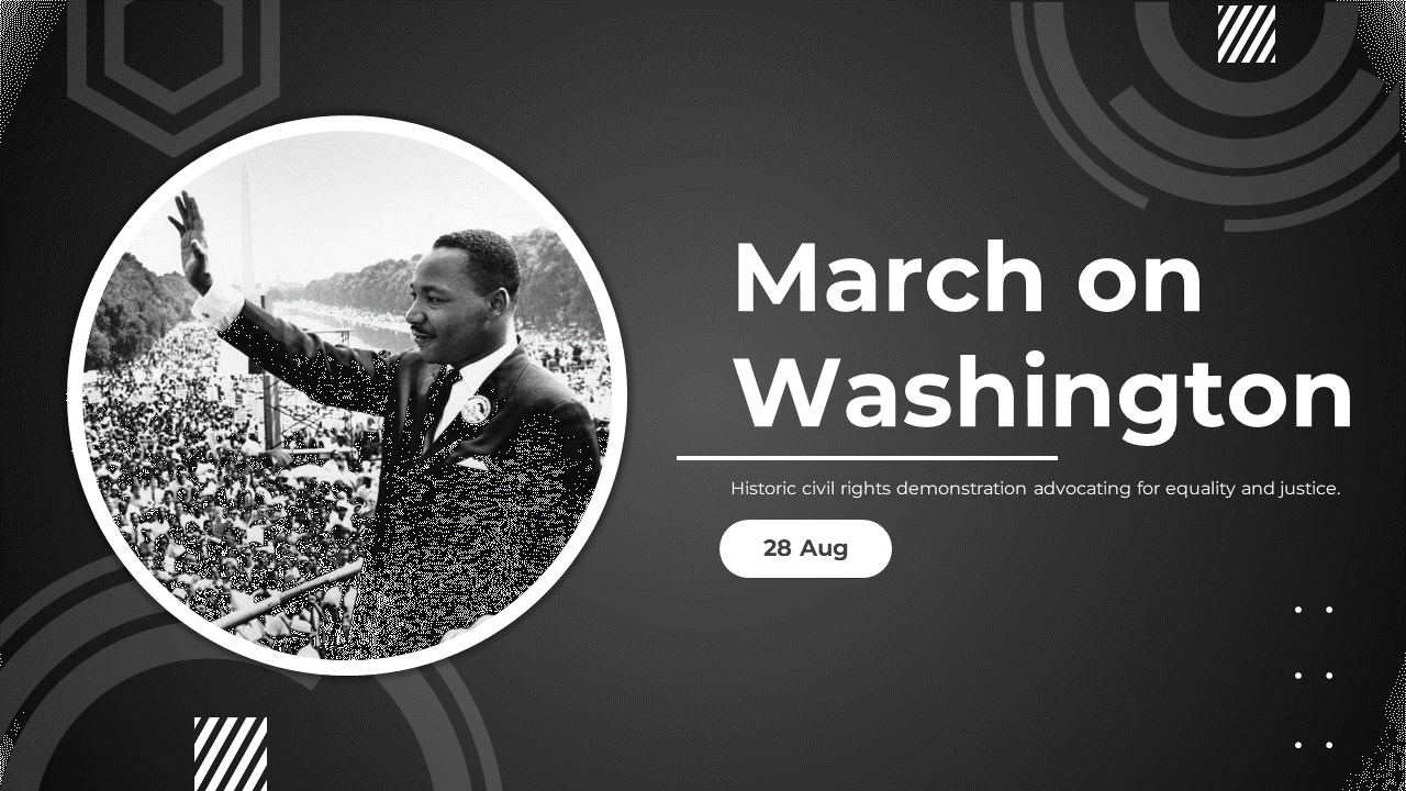 Slide deck cover for March on Washington with black-and-white photos and slide previews on civil rights history and activism.