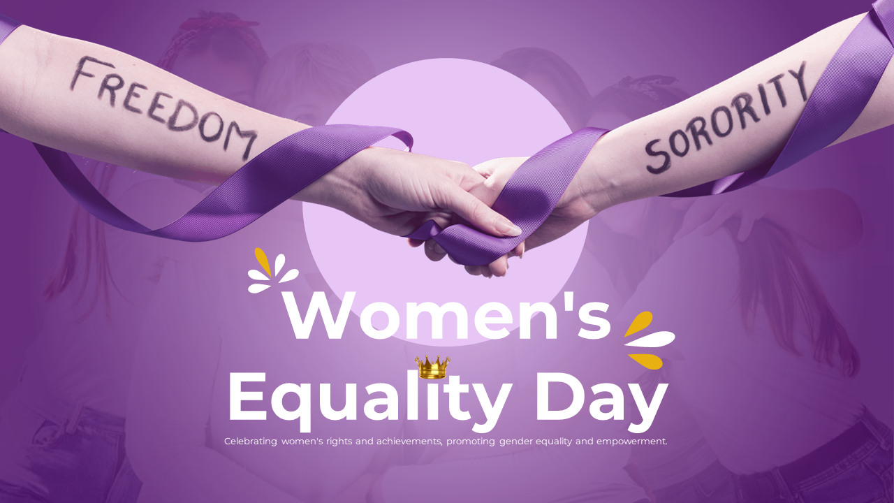 Women's equality day slides in purple and yellow theme, featuring images, text on history, empowerment, and social justice.