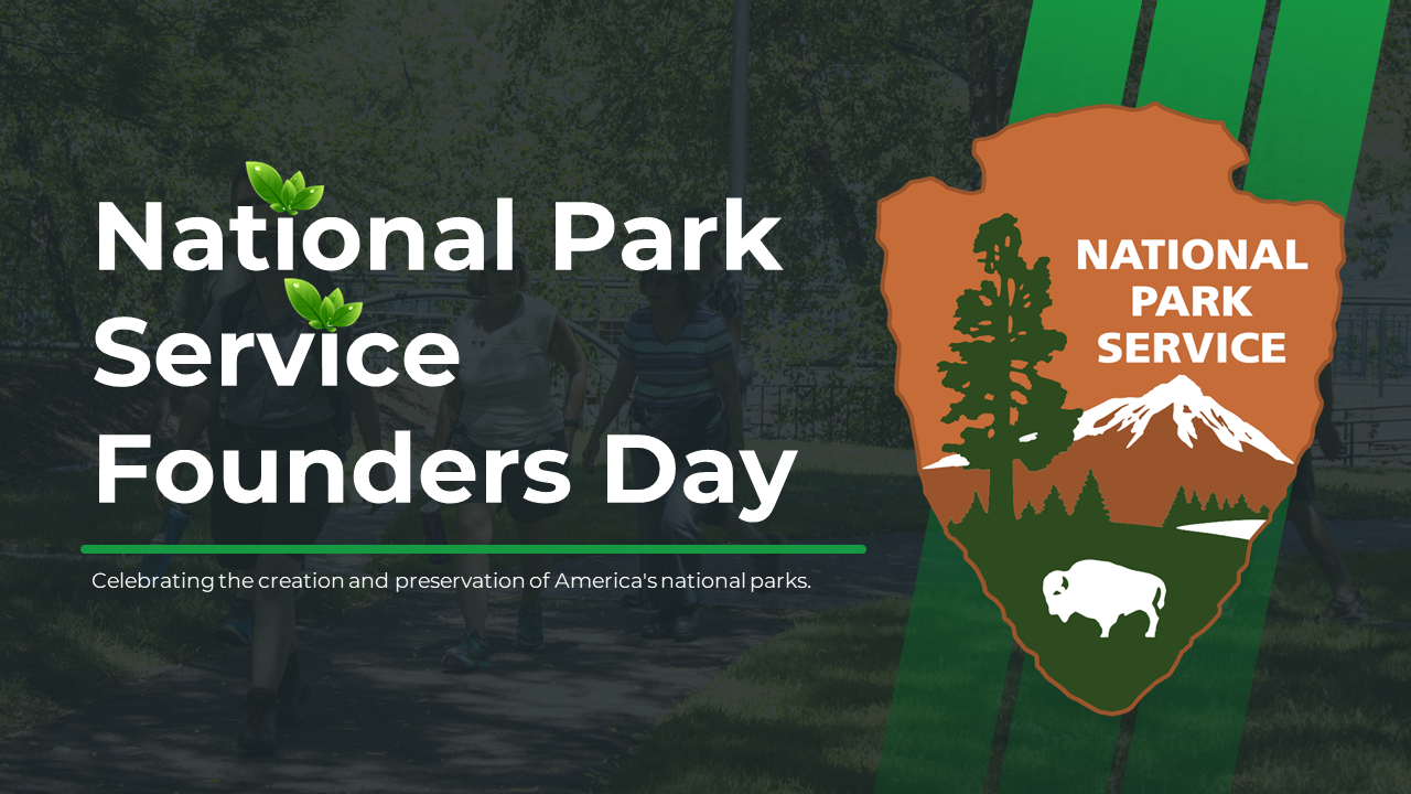 Slide deck for National Park Service Founders day covering various topics on a green theme.