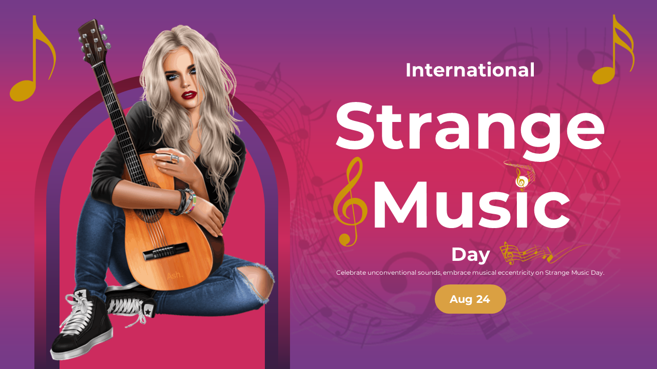 International strange music day slide deck with a vibrant pink and purple theme, featuring sections on music history.