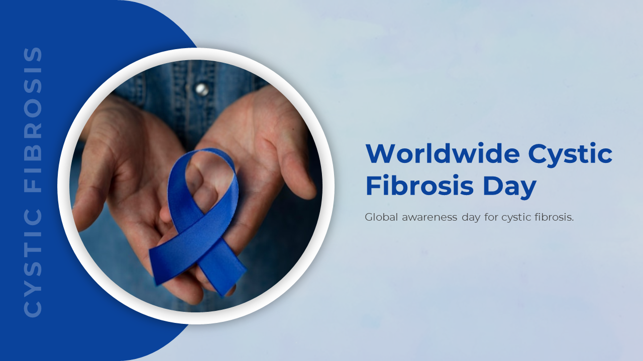 Slide deck with a blue and white theme featuring images and text, focusing on cystic fibrosis awareness and treatment.