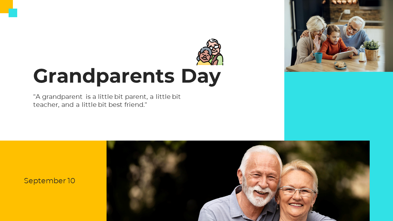 Slide deck featuring photos of grandparents with white, teal, and yellow backgrounds, highlighting their roles and impact.