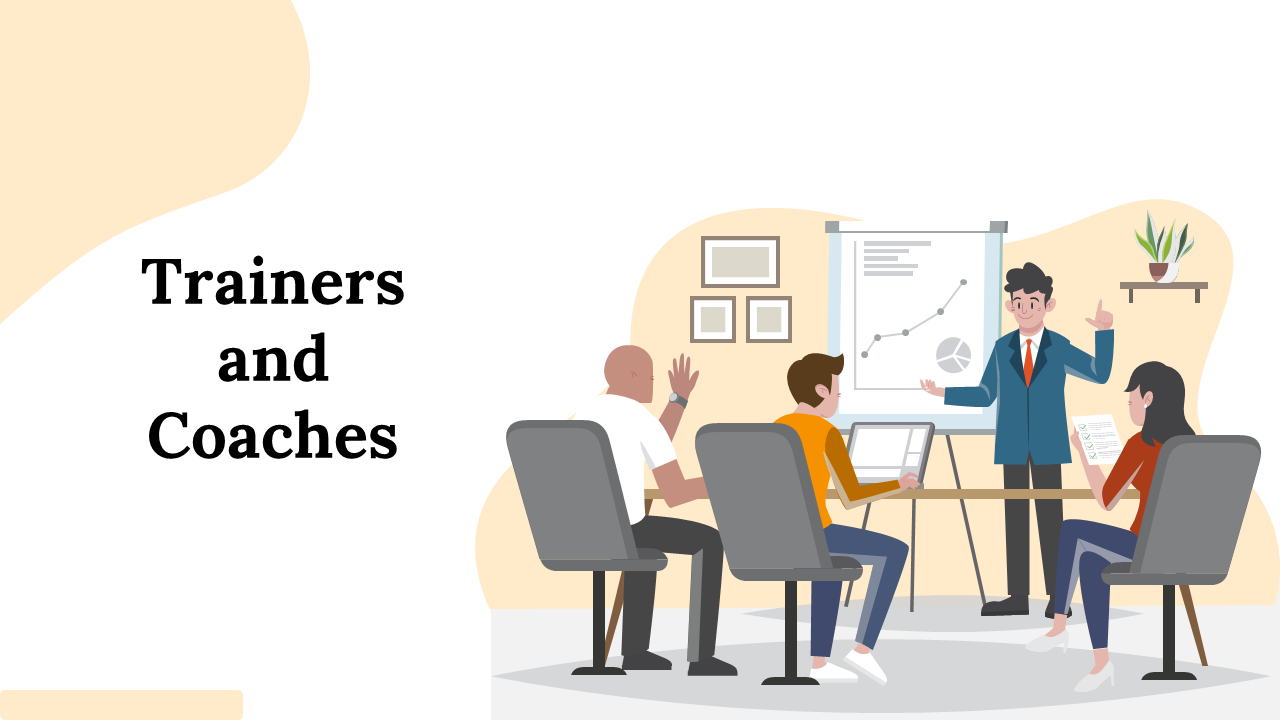 Slide deck showing an illustration of trainers with learners, covering coaching techniques, case studies, and skills.