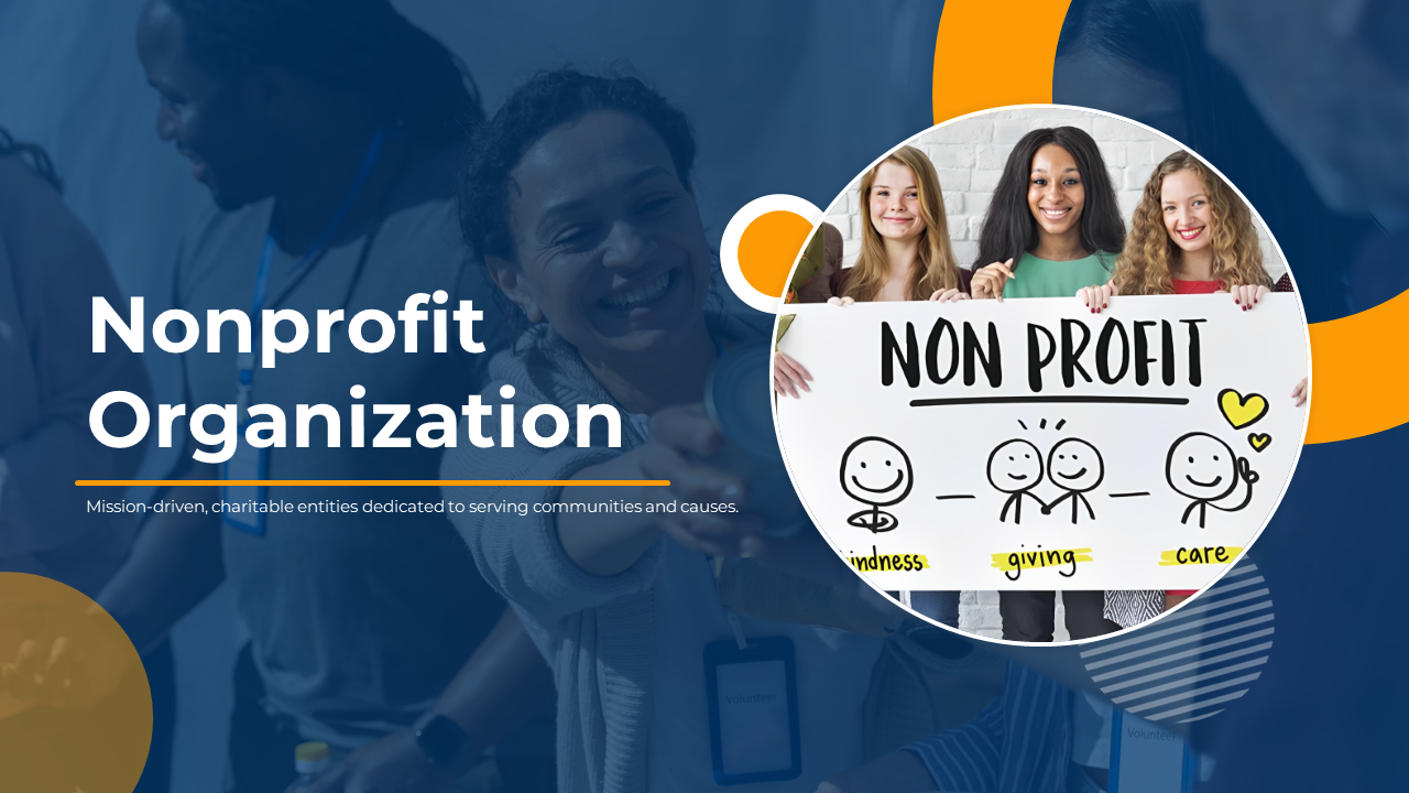 Nonprofit organization slides, with blue and orange themes, featuring sections on mission, services, and collaborations.