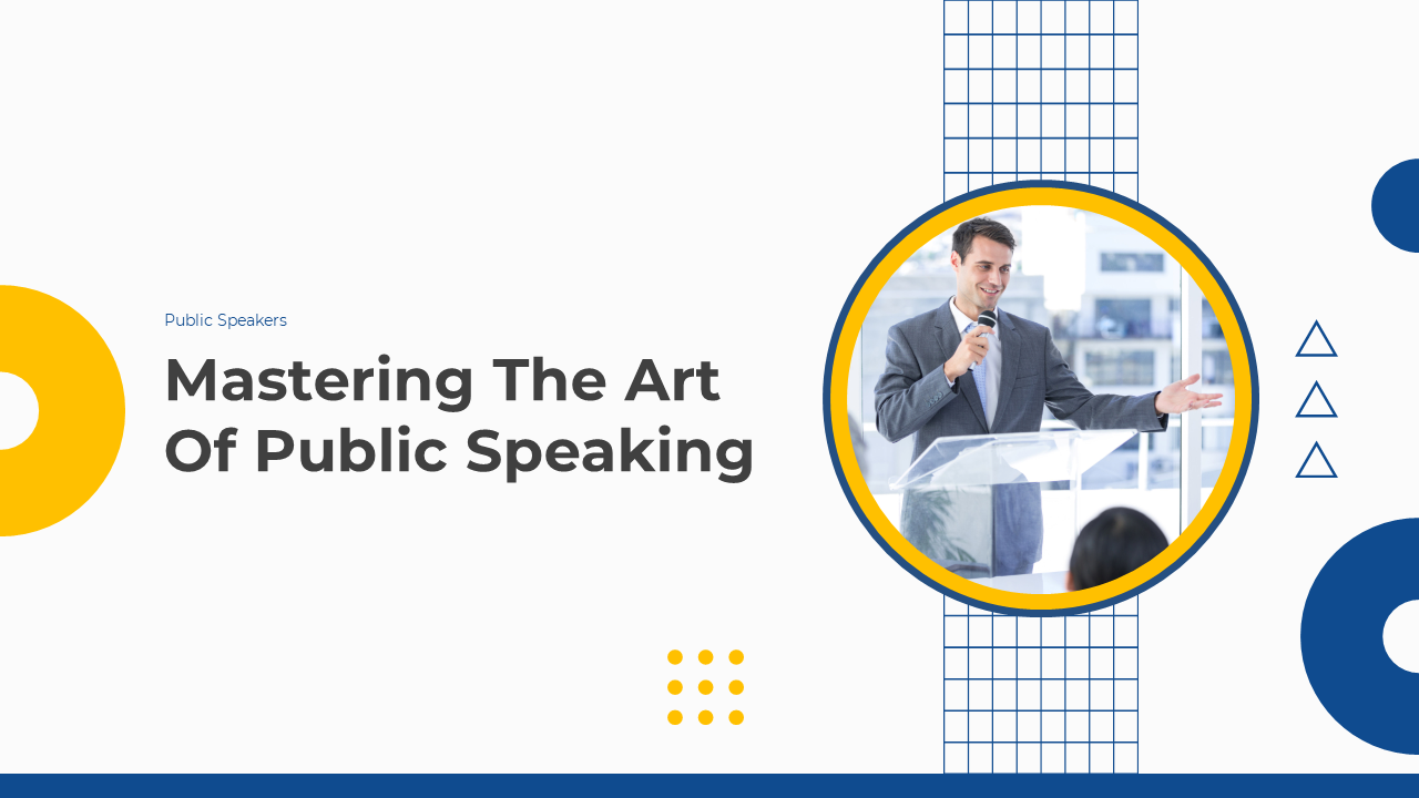 Slide deck on public speaking, covering topics like speech structures, visual aids, and connecting with the audience.