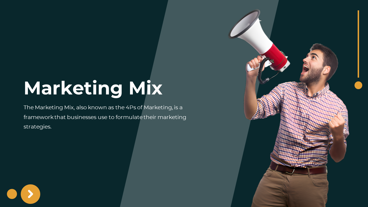 Marketing Mix slide deck with a man holding a megaphone, followed by thumbnails of various marketing concept below.