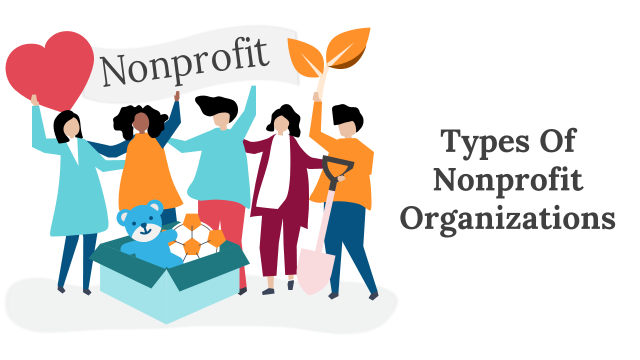 Colorful slides featuring illustrations of diverse people promoting nonprofit organizations, with various types highlighted.