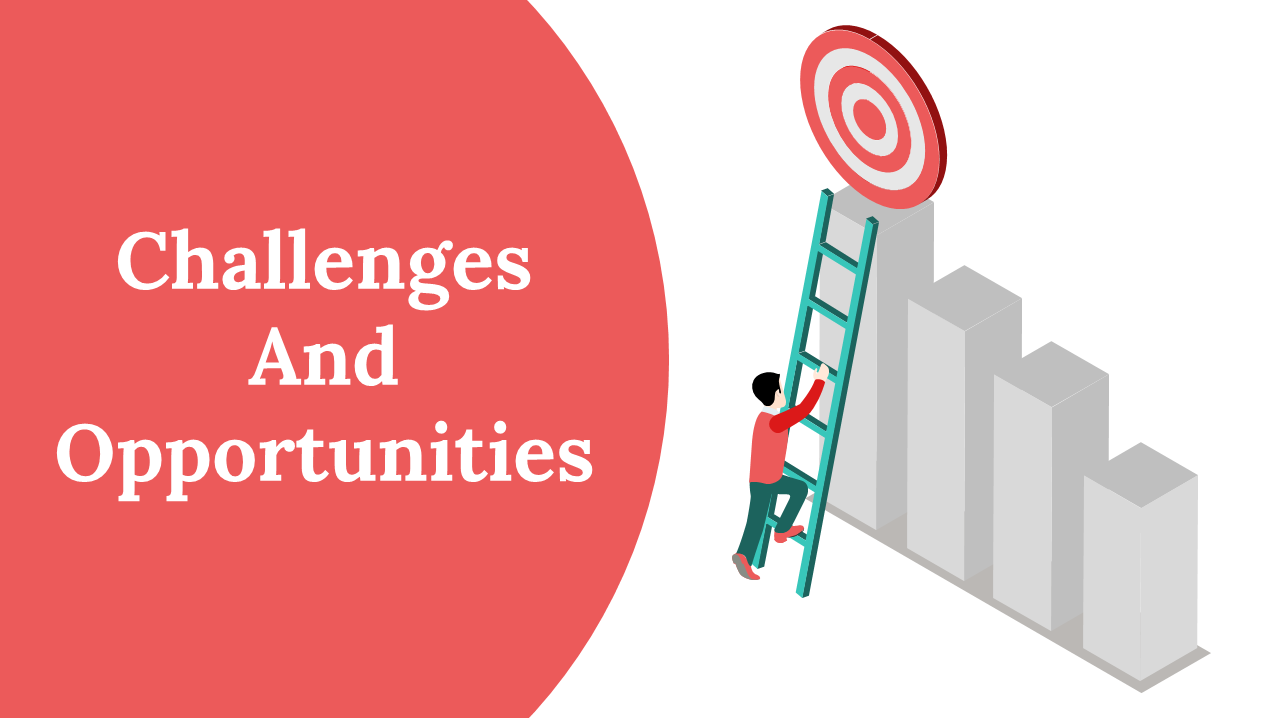 Challenges and opportunities title slides featuring a graphic of a person with various colorful designed layouts with icons.