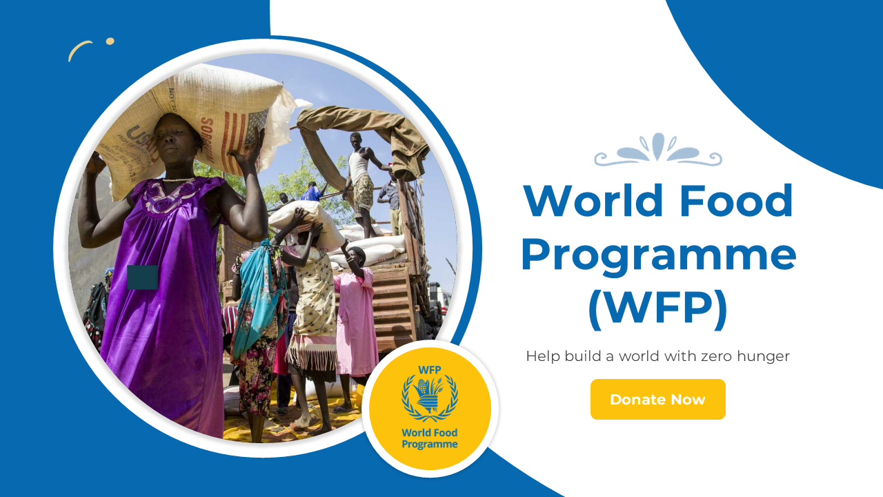 Image of people carrying food sacks with world food programme text and a donate button on the right.