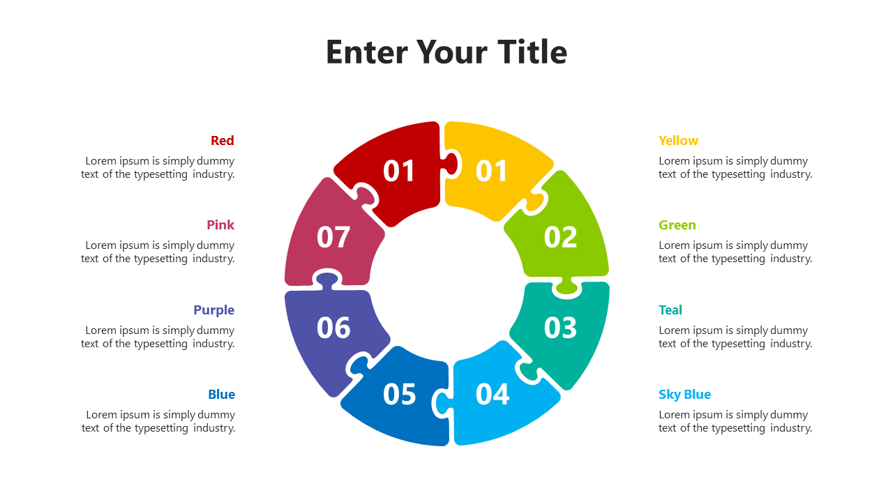 Circular seven-piece puzzle diagram with numbered sections in a gradient of colors from red to sky blue.