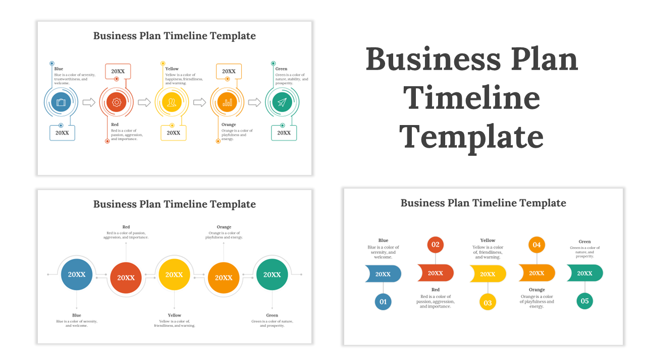 Slide deck showcasing business plan timelines using colorful circles, icons, and arrows in different layout styles.