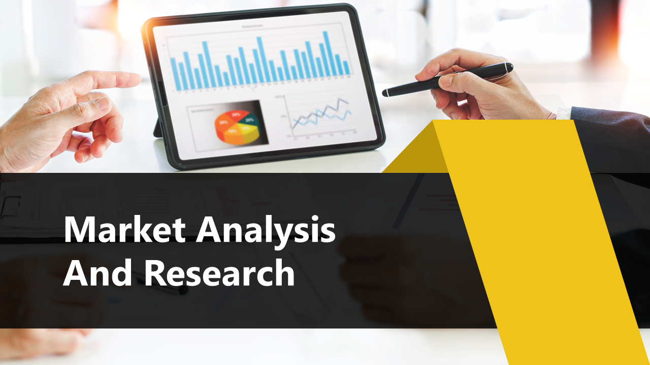 Market analysis and research slide deck with tablet displaying graphs and charts, and a yellow geometric design element.