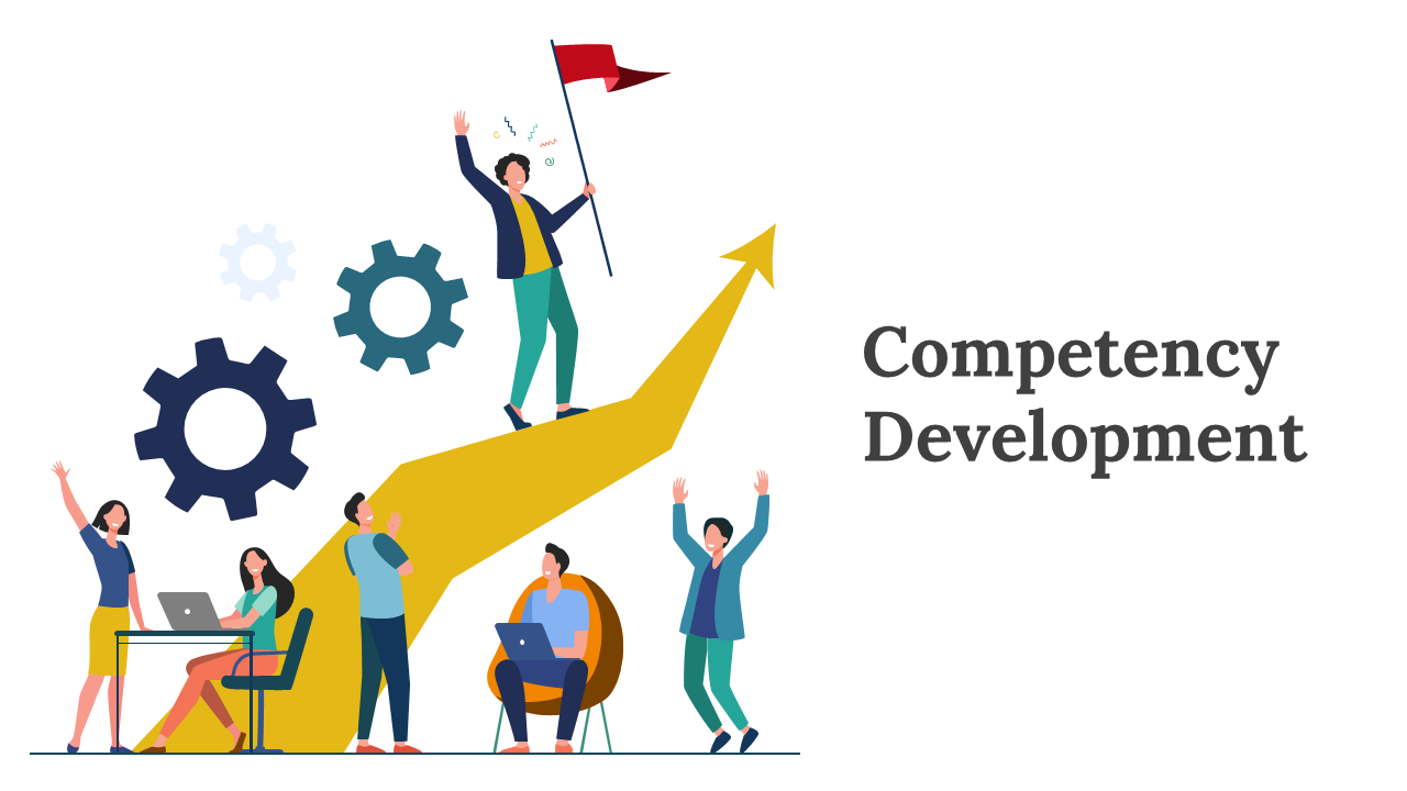 Slide deck featuring competency development steps and models, with vibrant visuals, diagrams, and people illustrations.