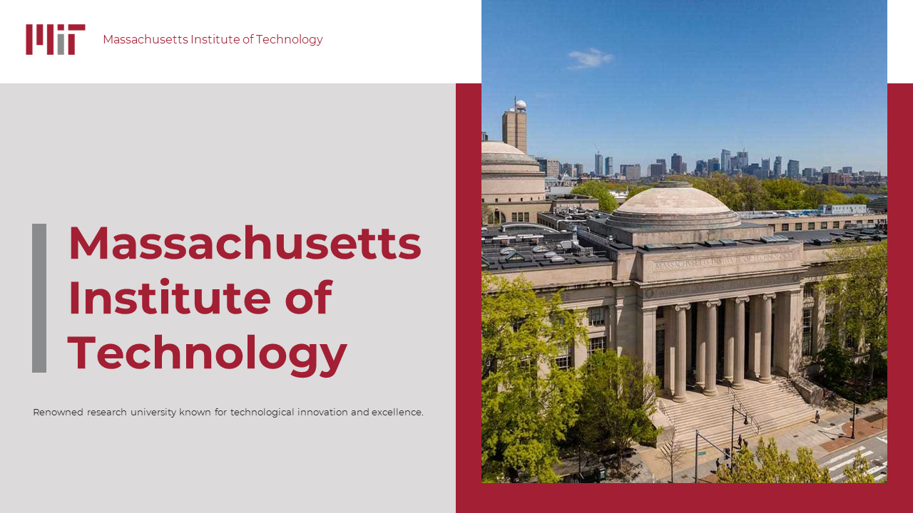 MIT themed slide deck with sections on research, campus life, admissions, leadership, and social impact initiatives.