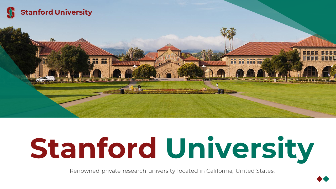 Stanford University slides featuring its history, rankings, campus life, and collaborations, with red and green theme.