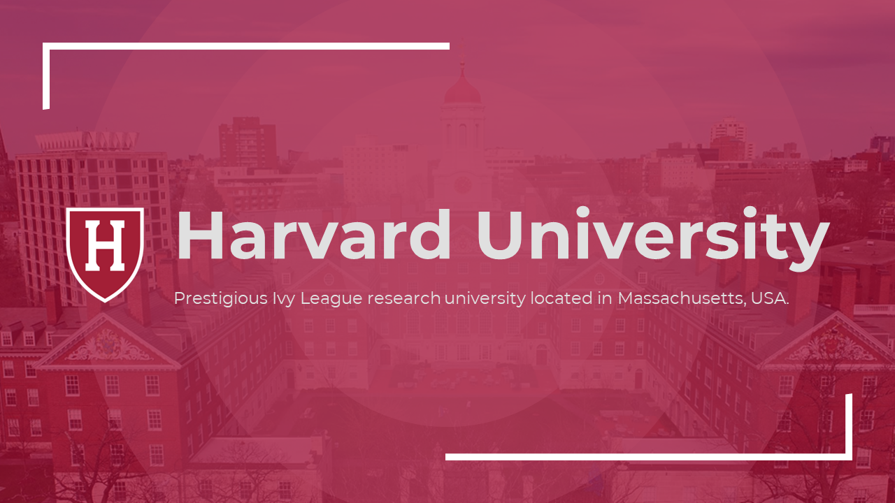 Harvard University slides featuring various sections on history, alumni, academics, and campus life in maroon accents.