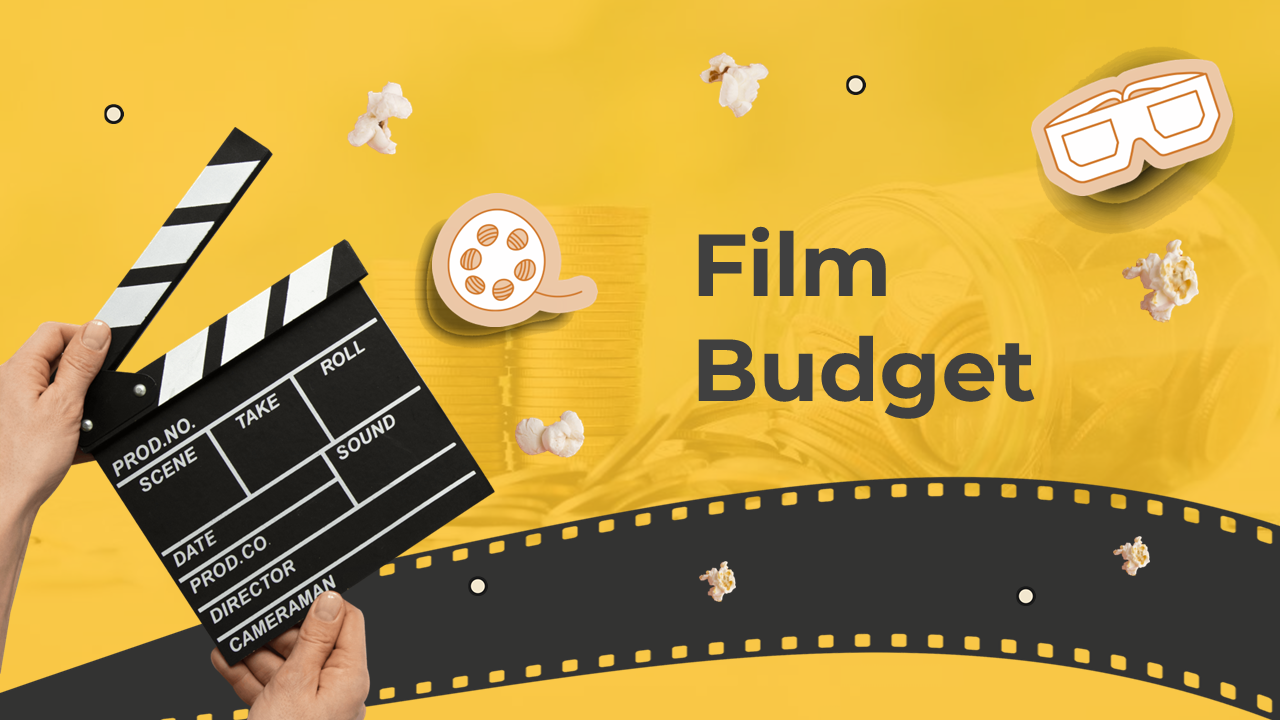 Slide deck featuring film related visuals such as cameras, clapperboards, and pie charts, with black and yellow accents.