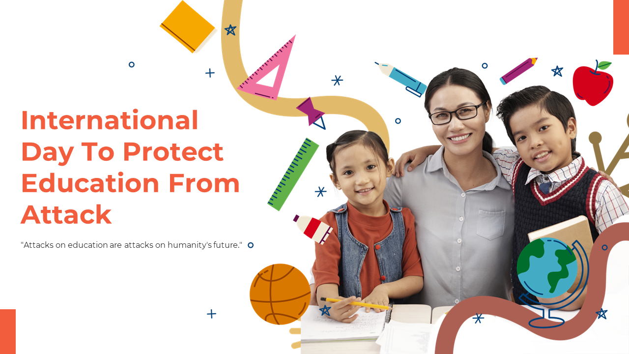 Slide deck on protecting education with white and orange backgrounds, featuring images of children and education themes.