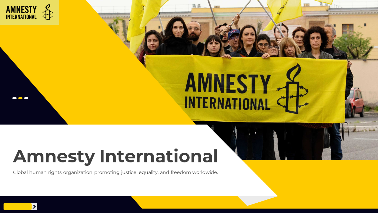 Amnesty international slides showcasing a diverse group of activists holding banners and flags yellow theme.