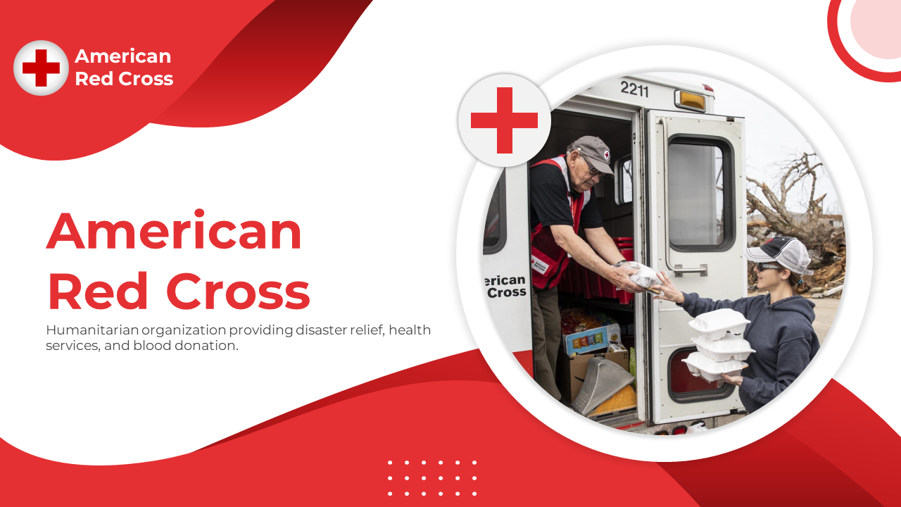 A pack of american red cross slides detailing various topics and images on a red theme with text descriptions.