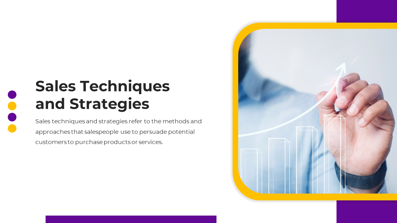 Slide deck on sales approaches with purple accents, focusing on feature benefit selling and urgency creation techniques.