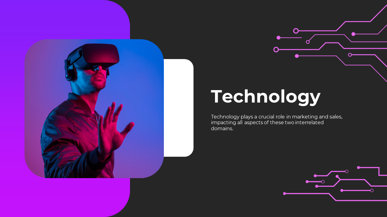 Neon-themed technology slide deck with a VR headset user image, circuit graphics, and  captions areas in modern layouts.