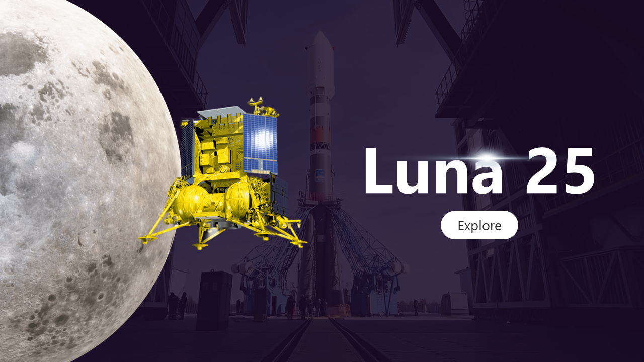 Luna 25 cover slide deck featuring a spacecraft image in front of the moon and a rocket launch setup,