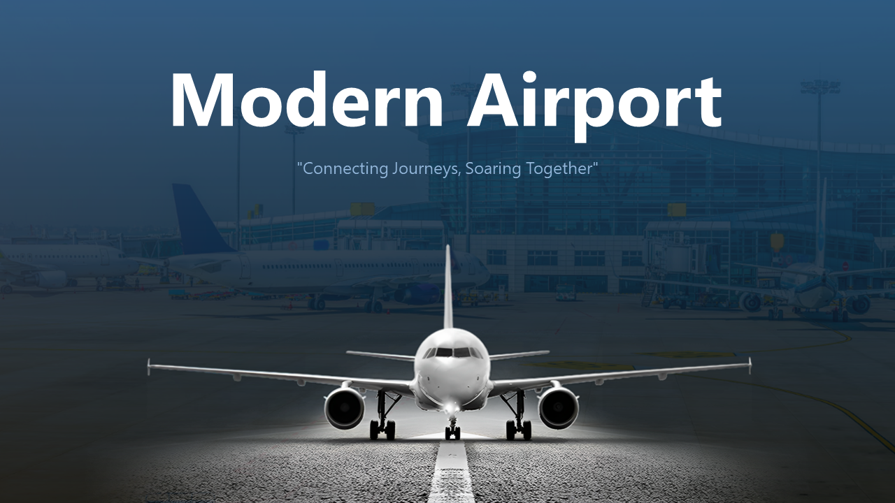 Slides showcasing airport infrastructure with blue and white backgrounds, focusing on design, security, and sustainability.