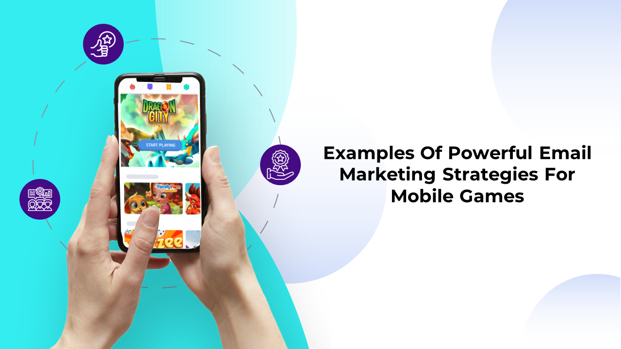 Powerful email marketing strategies for mobile games, featuring various slides on personalized game recommendations.