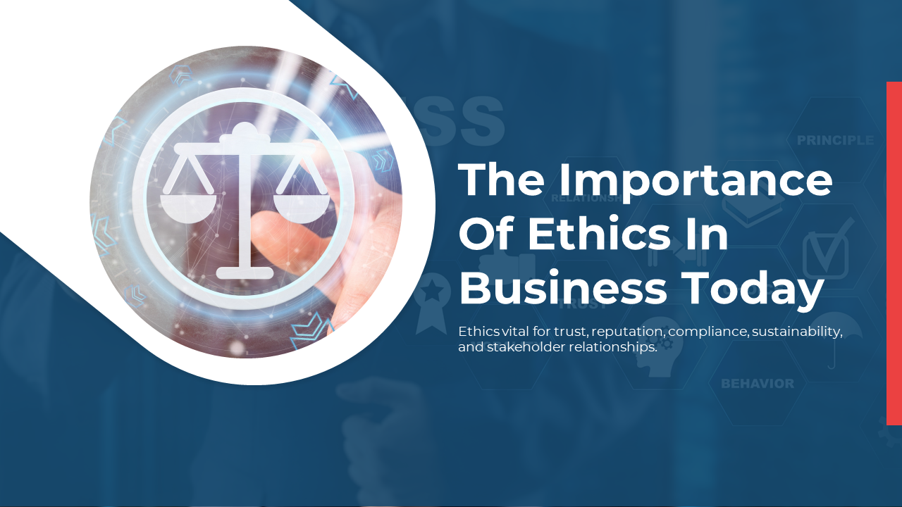 Slide deck focusing on business ethics covering topics like reputation, sustainability, and fostering long term relationship.