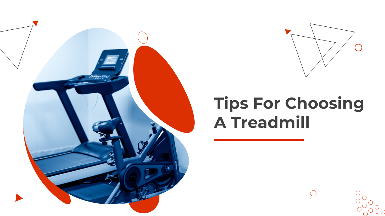 Slide deck offering treadmill selection tips, with a mix of images and text, and geometric red design elements.