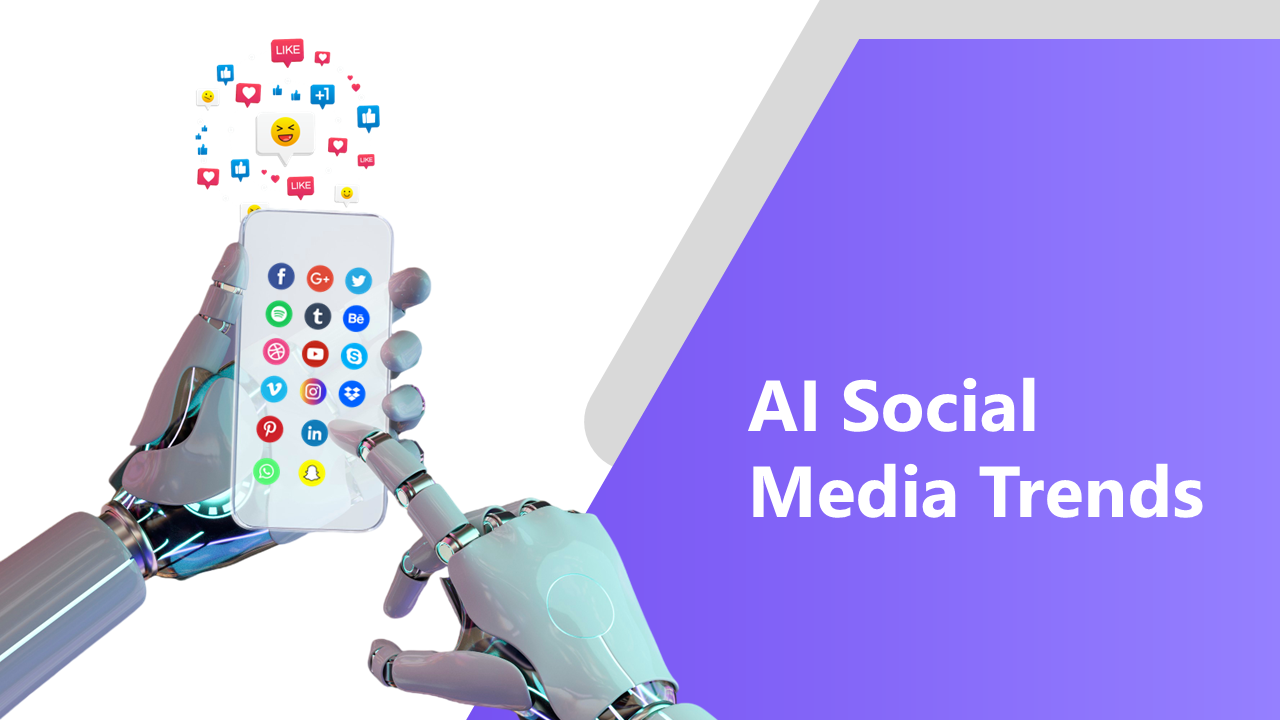 A pack of AI social media slides featuring a robotic hand holding a smartphone with various design layouts and icons.