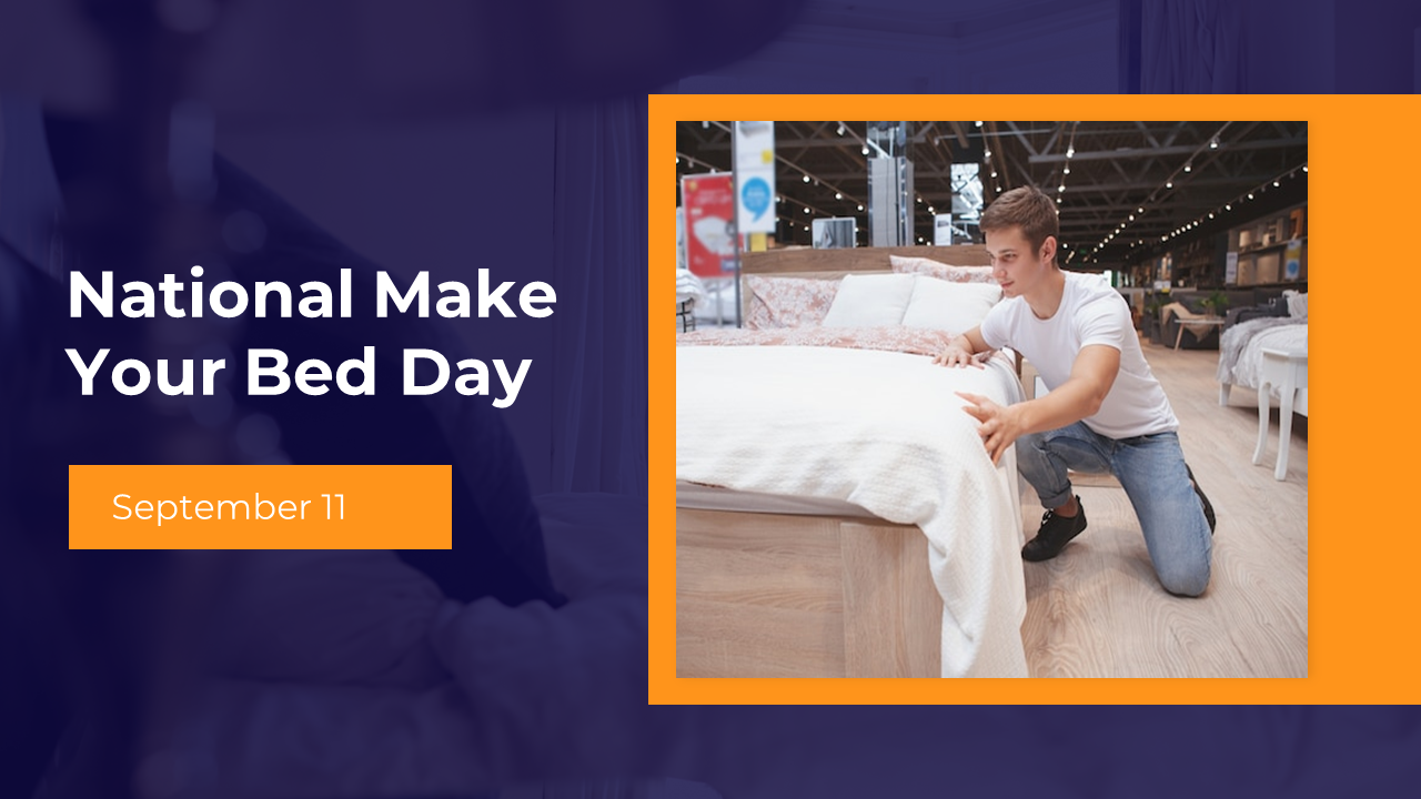 Slide deck with clean images of people making beds, emphasizing daily habits and routines with purple and orange accents.