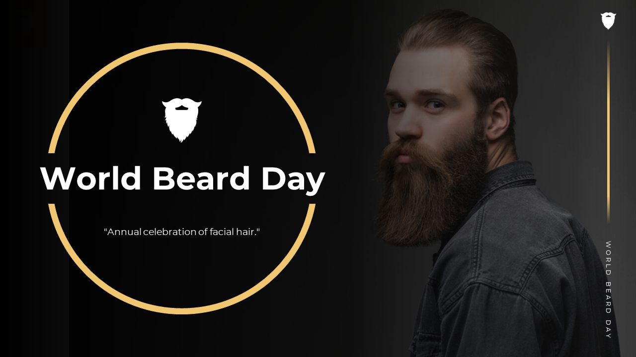 World beard day slide deck, including sections on beard history, evolution, grooming practices, and popular beard styles.