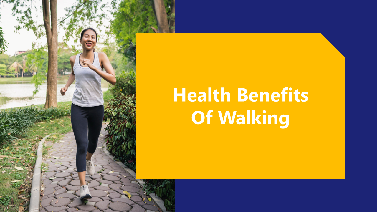 Slide deck about walking benefits, featuring a woman running and slides in yellow and blue designs.