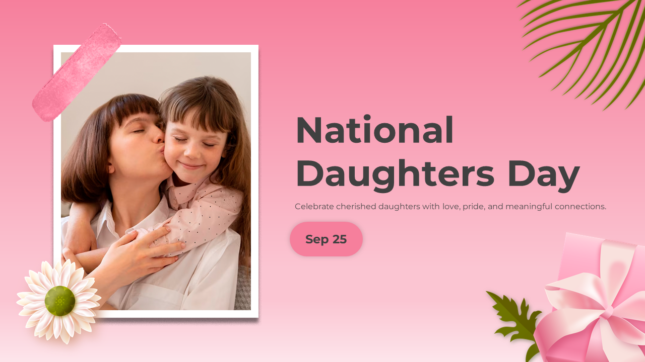 National daughters day slides with pink accents, covering the importance, global celebrations, and educational opportunities.