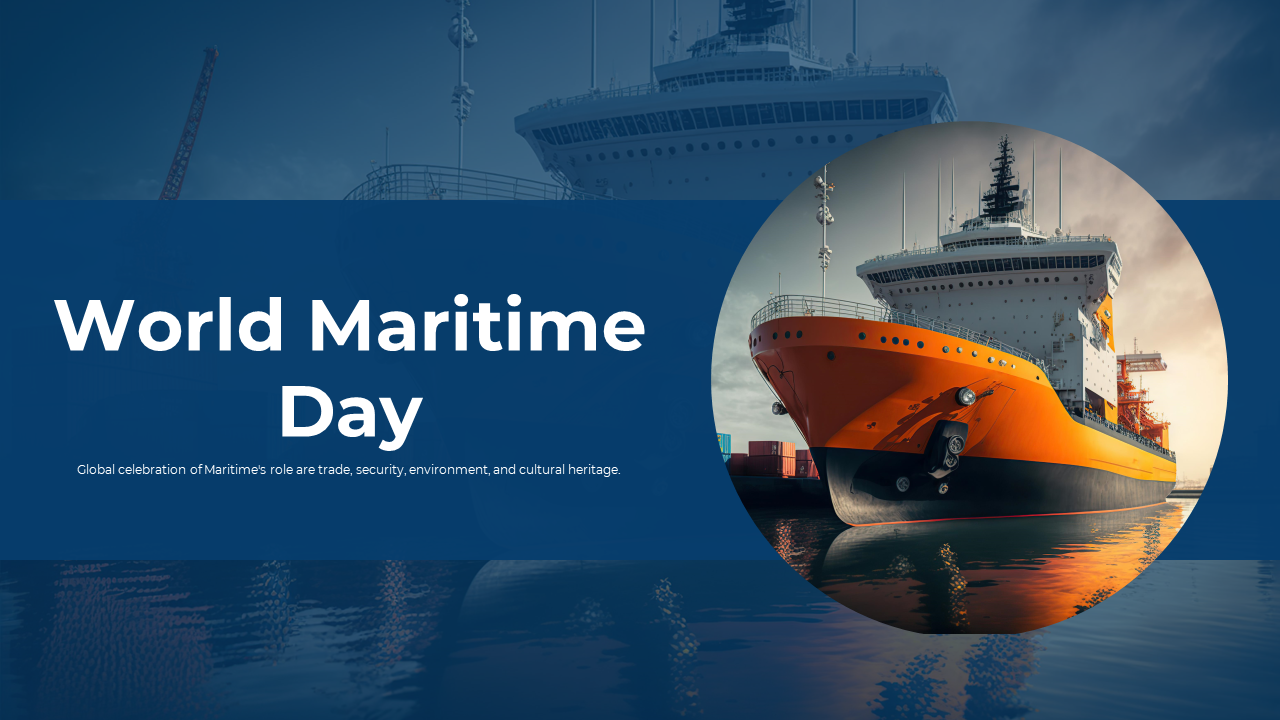 Blue themed layout with images of ships and maritime activities, highlighting sustainability and cultural significance.