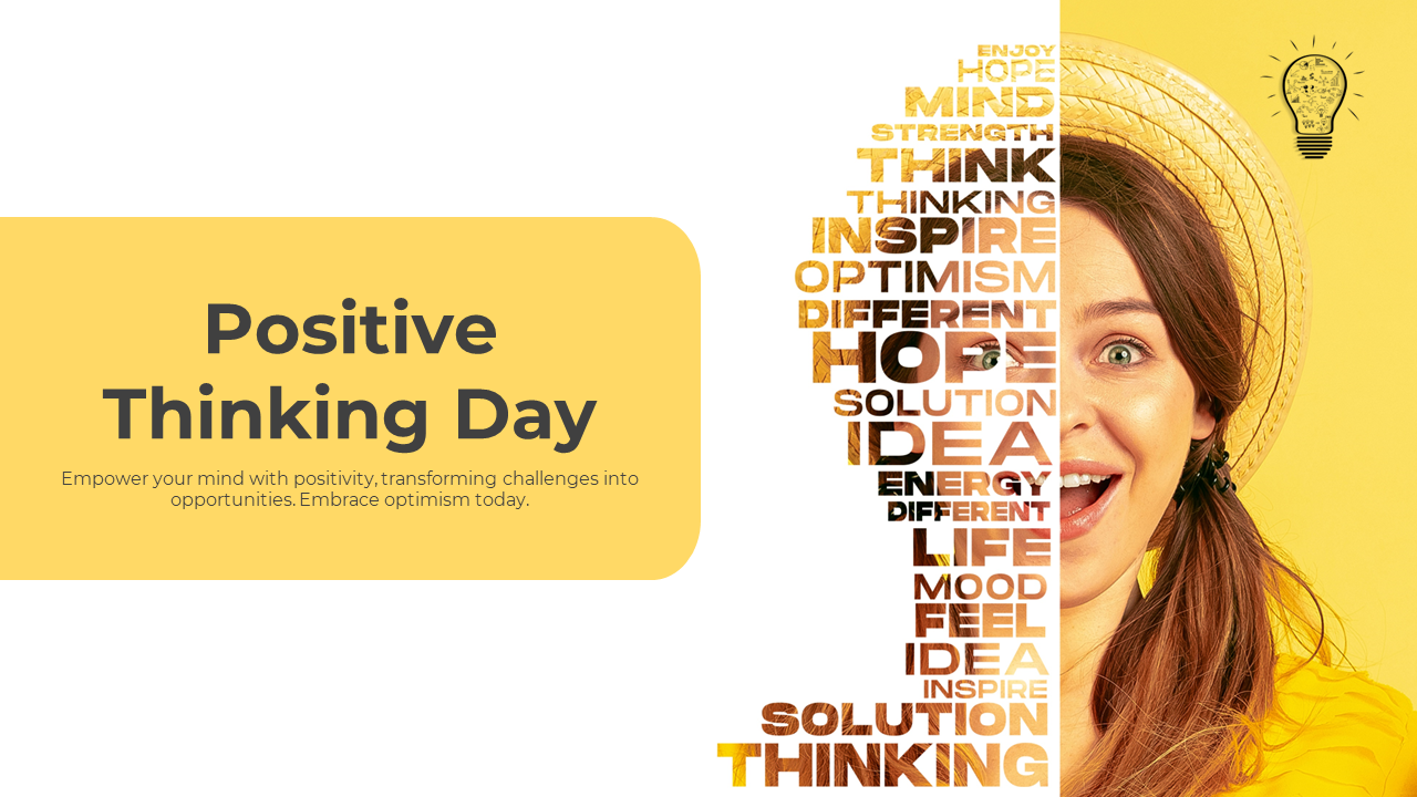 Slide deck for Positive Thinking Day with a word cloud design and slide previews on cultivating positivity and mindfulness.